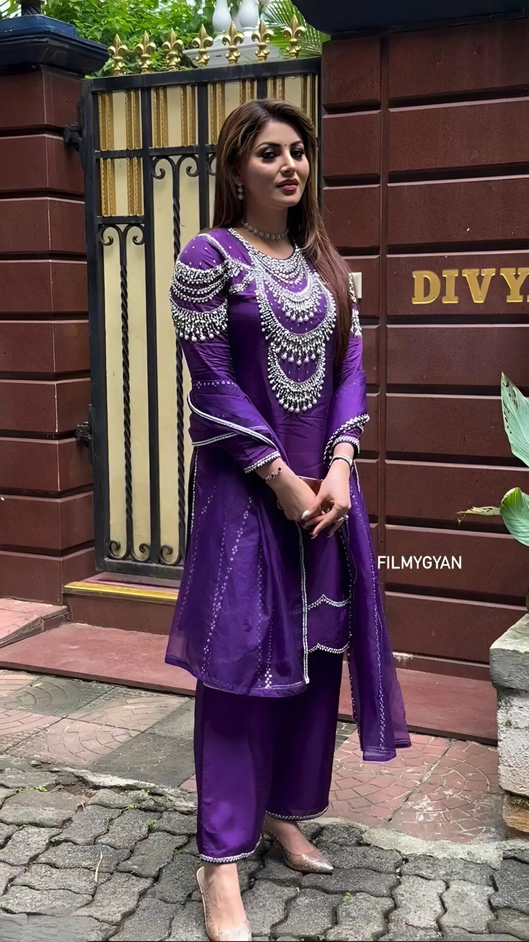 Indian Actress Urvashi Rautela Dark Purple Dress For Diwali